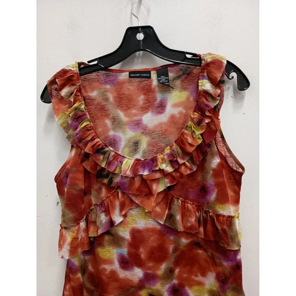 New York & Company VTG Y2K Babydoll Tank Top Womens‎ Large Orange Floral Ruffle